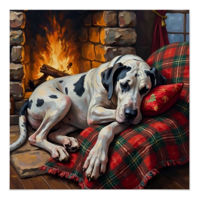 Majestic Great Dane Asleep by Fireplace Cozy Poster (Front)