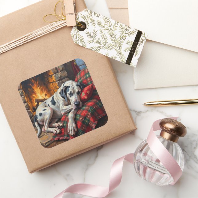 Majestic Great Dane Asleep by Fireplace Cozy Square Sticker (Gifting)