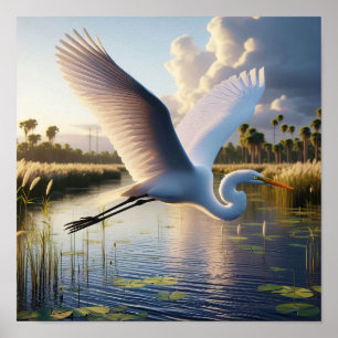 Majestic Great Egret in Tranquil Wetlands Poster
