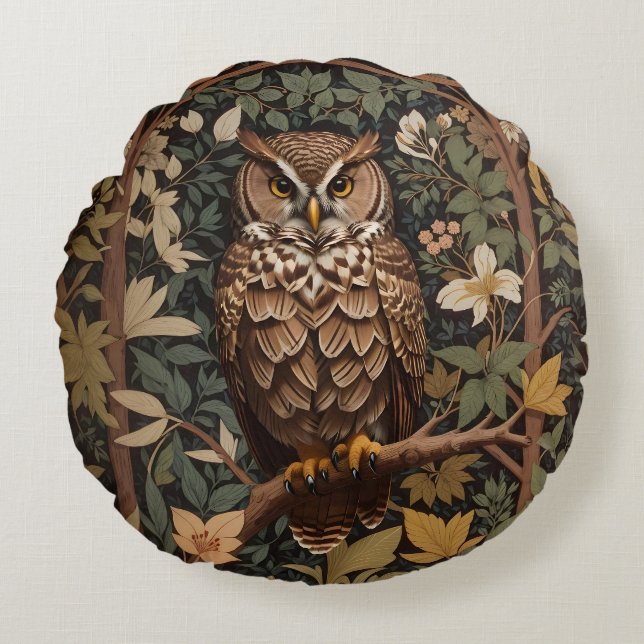 Majestic Great Horned Owl Forest Round Pillow (Front)