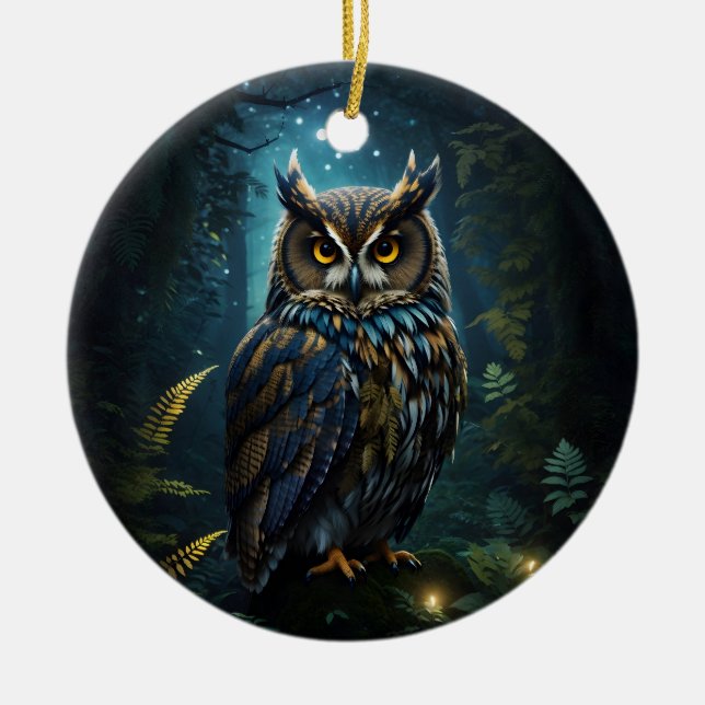 Majestic Great Horned Owl Glowing Night Scene Ceramic Ornament (Front)