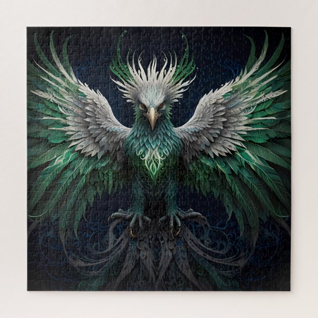 Majestic Green & White Phoenix Bird Jigsaw Puzzle (Vertical)
