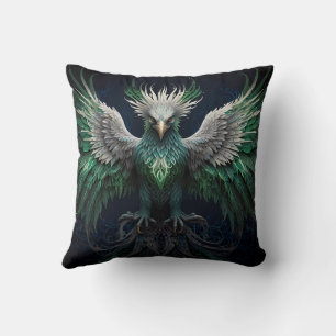 Majestic Green & White Phoenix Bird Throw Pillow
