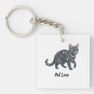 Majestic Grey Tabby Cat with Green Eyes Illustrati Keychain