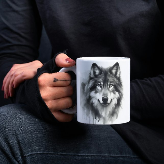Majestic Grey Wolf Stunning Watercolor Wildlife Coffee Mug (Creator Uploaded)