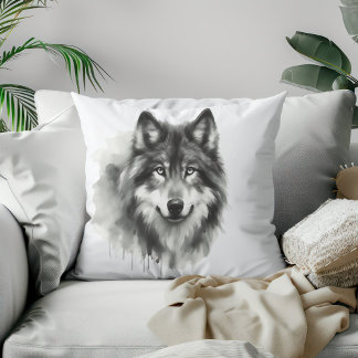 Majestic Grey Wolf Stunning Watercolor Wildlife Throw Pillow
