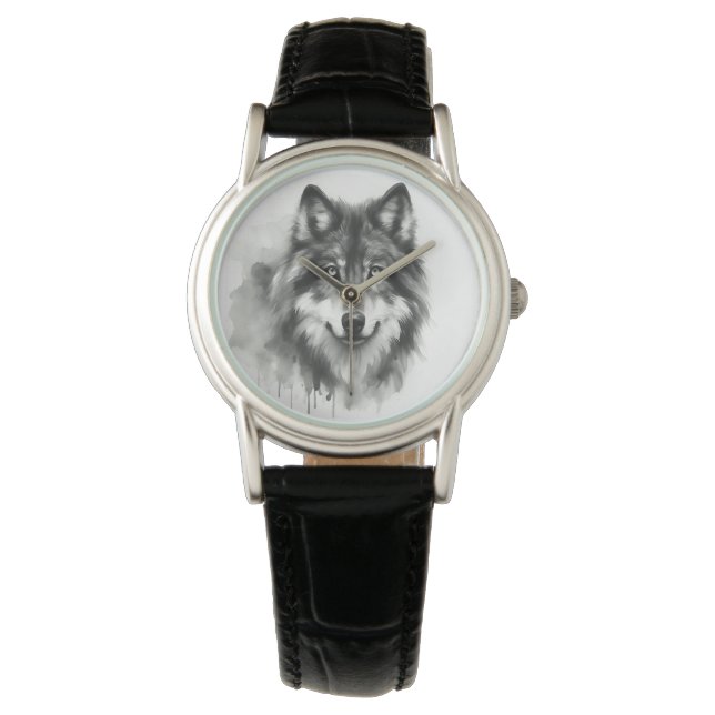 Majestic Grey Wolf Stunning Watercolor Wildlife Watch (Front)
