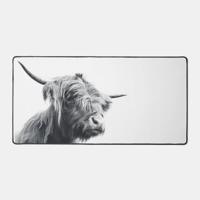 Majestic Highland cow black and white Desk Mat (Front)