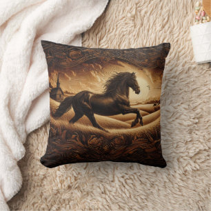 Majestic Horse Galloping Through Golden Field Throw Pillow