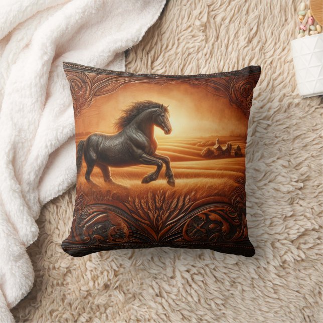 Majestic Horse Galloping Through Golden Fields Throw Pillow (Blanket)