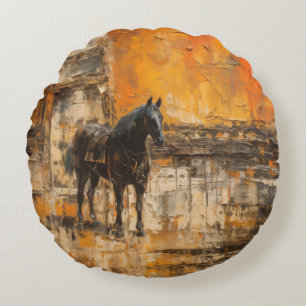 Majestic Horse in Abstract Sunset Round Pillow