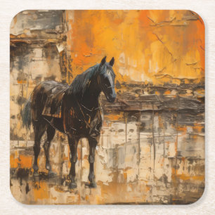 Majestic Horse in Abstract Sunset Square Paper Coaster