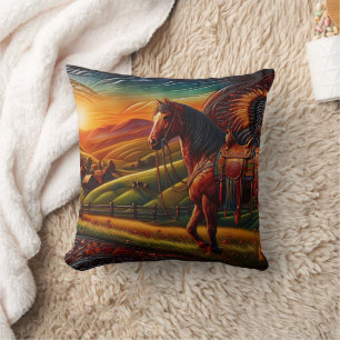 Majestic Horse in Colourful Sunset Landscape Throw Pillow