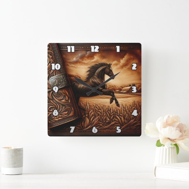 Majestic Horse Running Through Field at Dusk Square Wall Clock (Home)