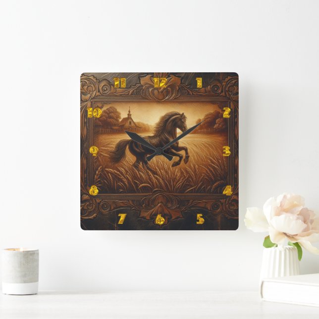 Majestic Horse Running Through Golden Fields Square Wall Clock (Home)
