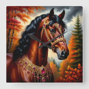 Majestic Horse with Ornate Gold Harness Square Wall Clock