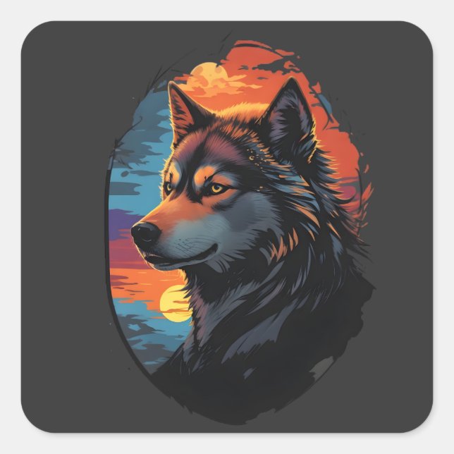 Majestic Husky Against a Sunset Sky Serenity View Square Sticker (Front)
