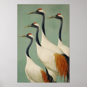 Majestic Japanese Cranes Wall Art Green, Orange