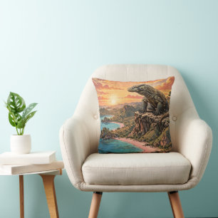 Majestic Komodo Dragon Overlooking Pink Beach Throw Pillow
