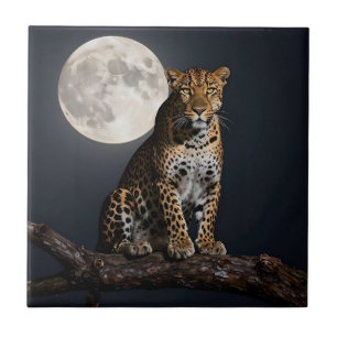 Majestic Leopard and Full Moon   Tile