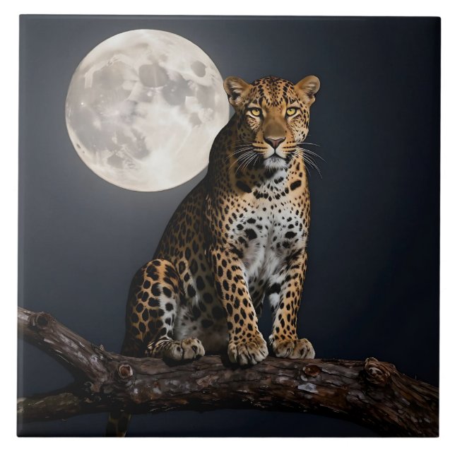 Majestic Leopard and Full Moon   Tile (Front)