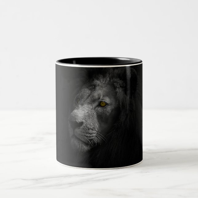 Majestic Lion, black and white photograph Two-Tone Coffee Mug (Center)