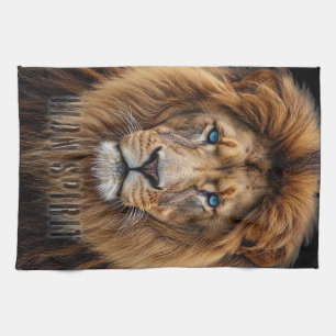 Majestic Lion Face with Blue Eyes   Wildlife Anima Kitchen Towel