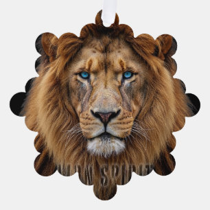 Majestic Lion Face with Blue Eyes   Wildlife Anima Ornament Card