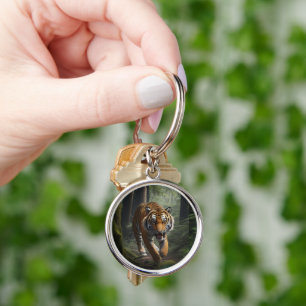 Majestic Lion in Forest Scene Art Keychain