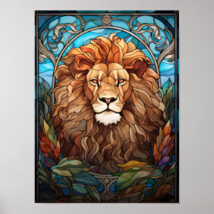 Majestic Lion Portrait Stained Glass AI Art Poster