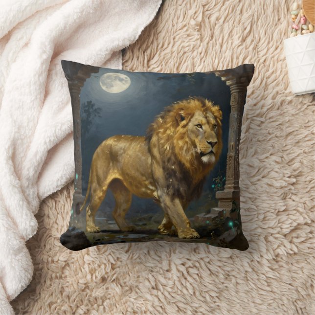 Majestic Lion Strolling under the Moonlight  Throw Pillow (Blanket)