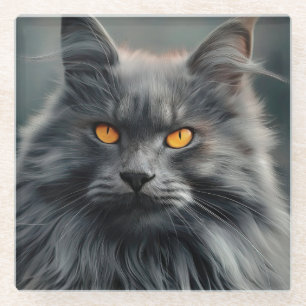 Majestic Long-Haired Cat Portrait Design Glass Coaster