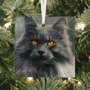 Majestic Long-Haired Cat Portrait Design Glass Ornament