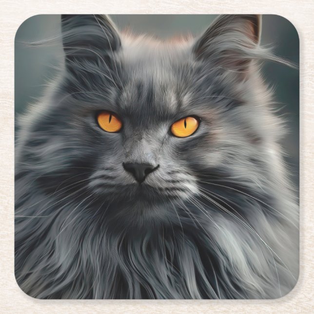 Majestic Long-Haired Cat Portrait Design Square Paper Coaster (Front)