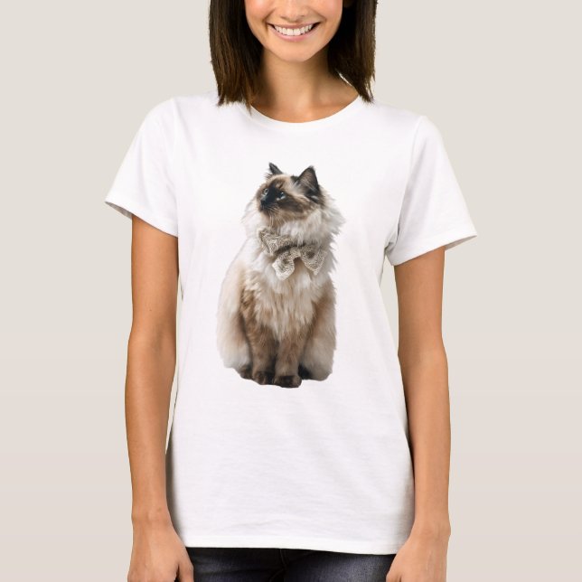 Majestic Long-Haired Siamese Cat with Elegant T-Shirt (Front)