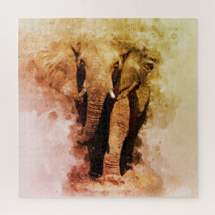 Majestic Male African Elephant Walking Watercolor Jigsaw Puzzle