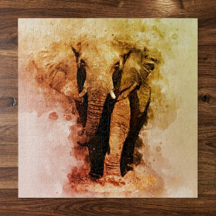 Majestic Male African Elephant Walking Watercolor Jigsaw Puzzle