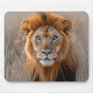Majestic Male Lion with Glowing Blue Eyes Mouse Pad