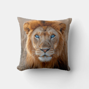 Majestic Male Lion with Glowing Blue Eyes Throw Pillow