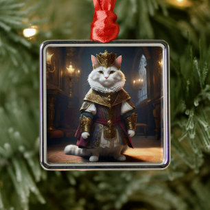 "Majestic Monarch: The Regal White Cat in Robes" Metal Ornament