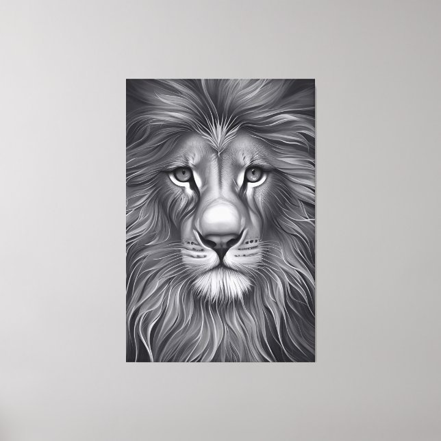 Majestic Monochrome: The Lion's Captivating Gaze Canvas Print (Front)