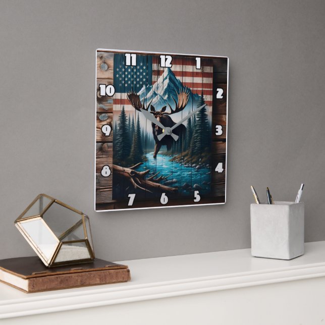 Majestic Moose Against American Flag Background Square Wall Clock (Office)
