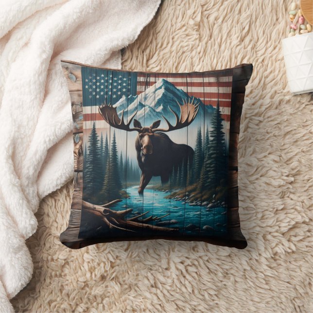 Majestic Moose Against American Flag Background Throw Pillow (Blanket)