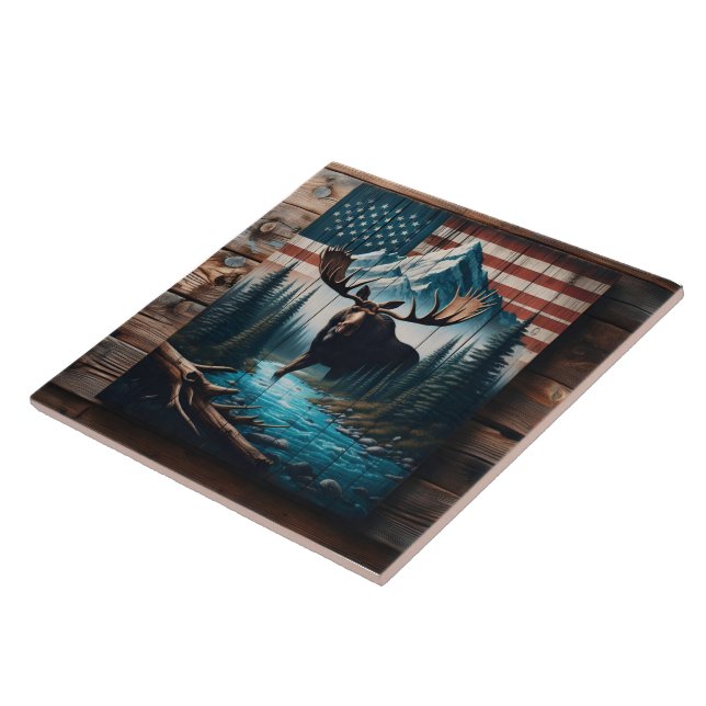 Majestic Moose Against American Flag Background Tile (Side)