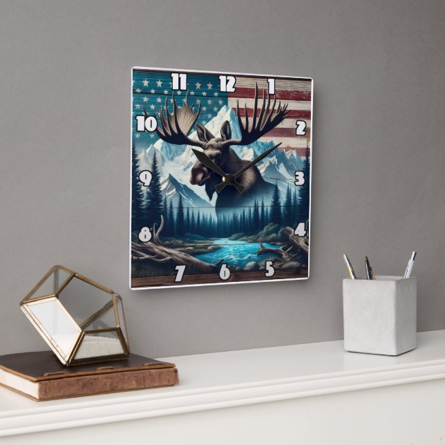Majestic Moose Against Mountains and American Flag Square Wall Clock (Office)
