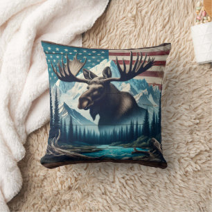 Majestic Moose Against Mountains and American Flag Throw Pillow