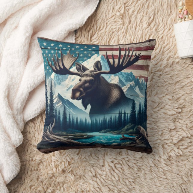 Majestic Moose Against Mountains and American Flag Throw Pillow (Blanket)