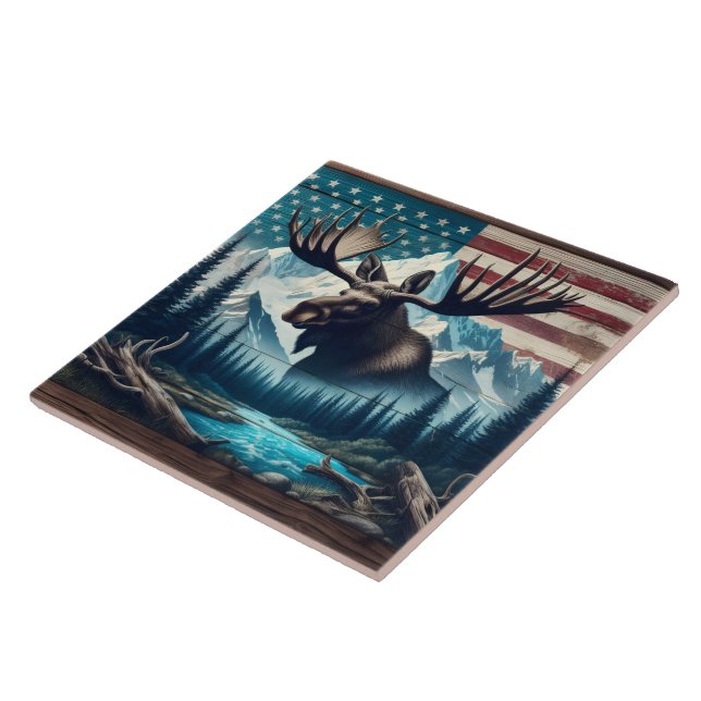 Majestic Moose Against Mountains and American Flag Tile (Side)