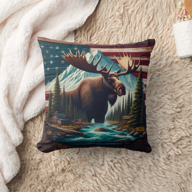 Majestic Moose Among Mountains and American Flags Throw Pillow (Blanket)