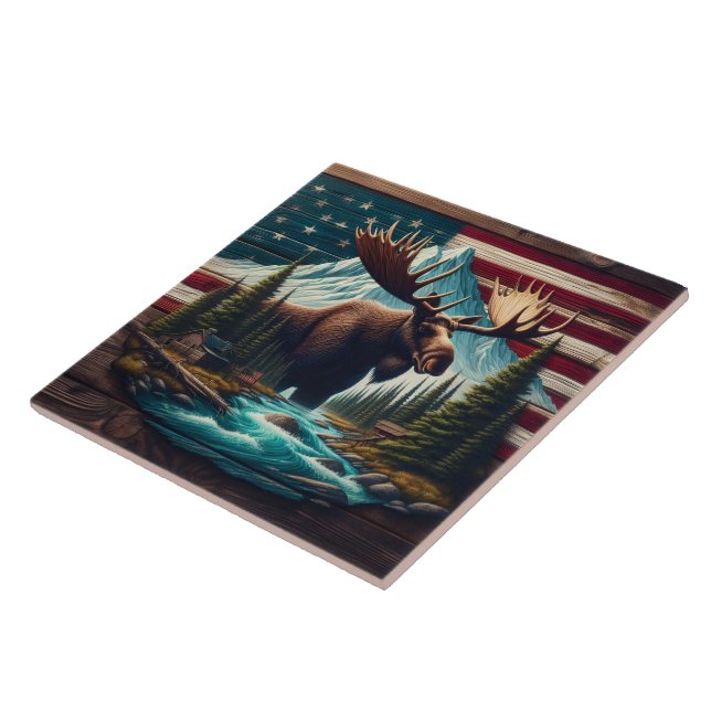 Majestic Moose Among Mountains and American Flags Tile (Side)